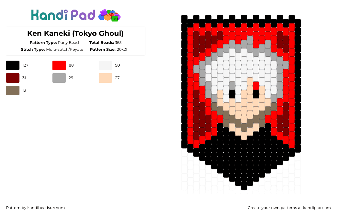 Ken Kaneki (Tokyo Ghoul) - Pony Bead Pattern by staycoolmakekandi on Kandi Pad - beige,red,anime,ken,kenkaneki,ken kaneki,banner,tokyoghoul,tokyo ghoul,animes