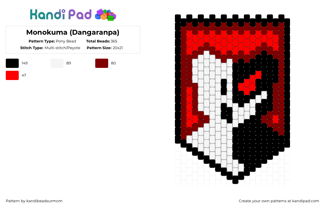Monokuma (Dangaranpa) - Pony Bead Pattern by staycoolmakekandi on Kandi Pad - brown,red,dangaranpa,game,anime,banner,monokuma,bear,teddy,nintendo