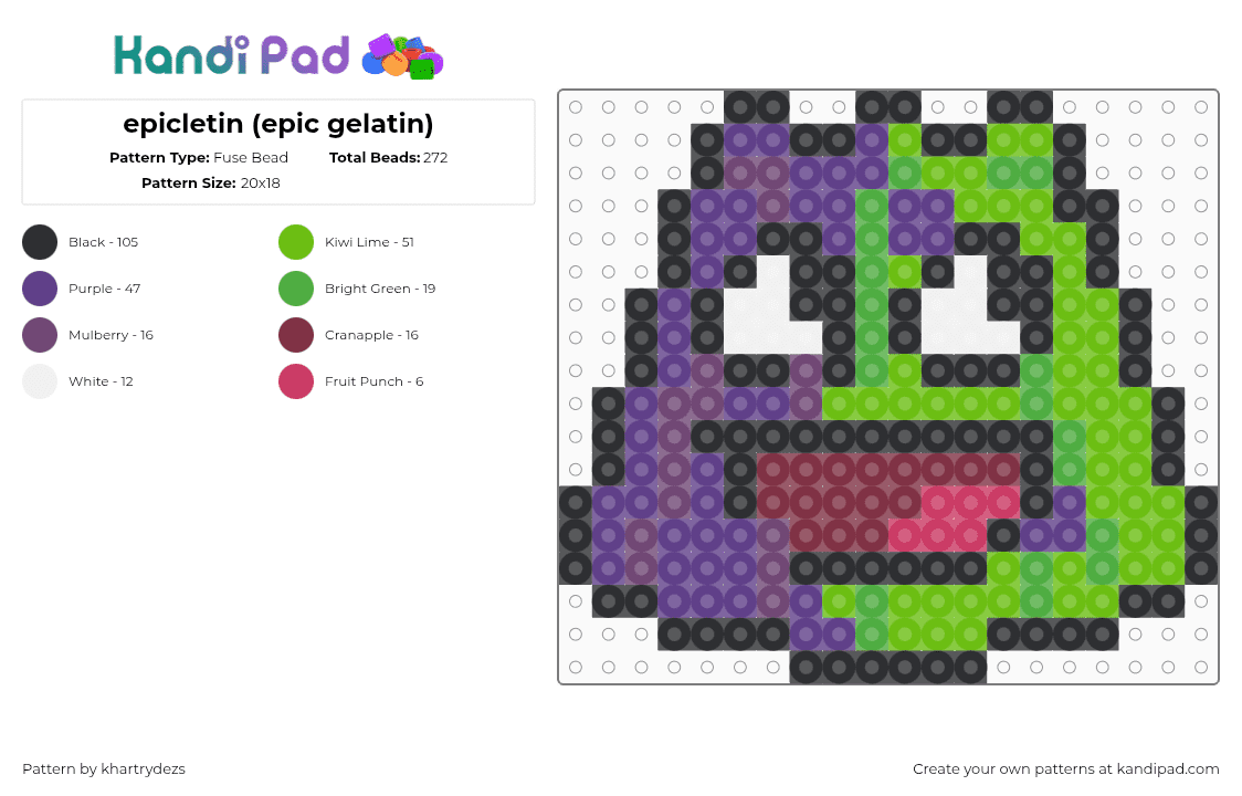 epicletin (epic gelatin) - Fuse Bead Pattern by khartrydezs on Kandi Pad - gelatin,bfdi,battle for dream island,character,animation,tv show,blob,slime,green,purple