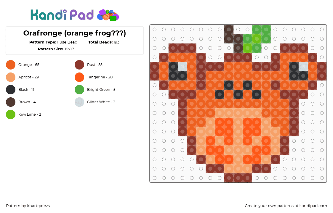 Orafronge (orange frog???) - Fuse Bead Pattern by khartrydezs on Kandi Pad - red,orange,frog,amphian,reptile,fruit,fruity,food,fruit frogs