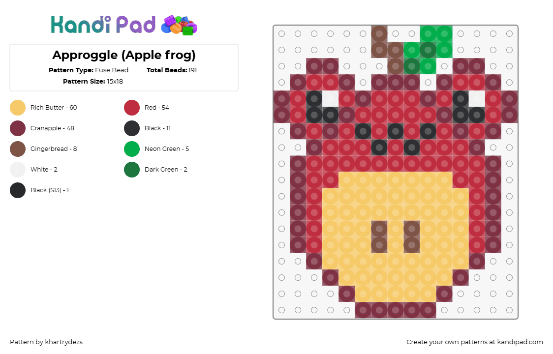 Approggle (Apple frog) - Fuse Bead Pattern by khartrydezs on Kandi Pad - apple,frog,mashup,fruit,animal,amphibian,creature,cute,red,tan