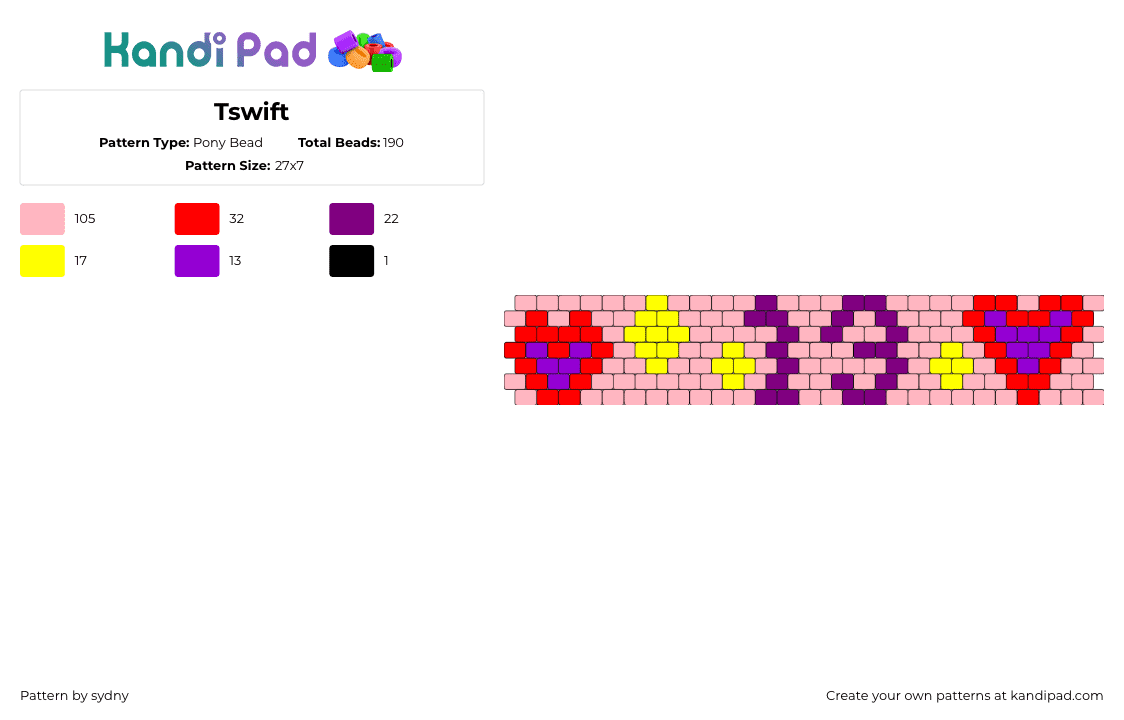 Tswift - Pony Bead Pattern by sydny on Kandi Pad - taylor swift,13,hearts,music,cuff,purple,pink