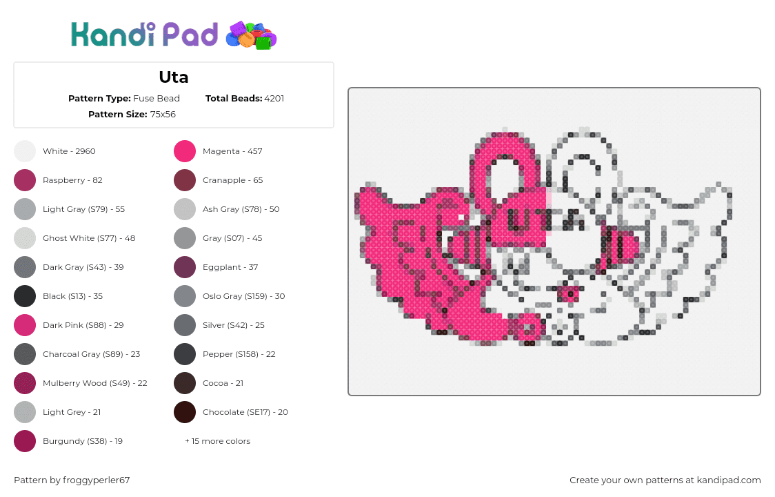 Uta - Fuse Bead Pattern by froggyperler67 on Kandi Pad - uta,one piece,logo,symbol,anime,tv show,pink,white