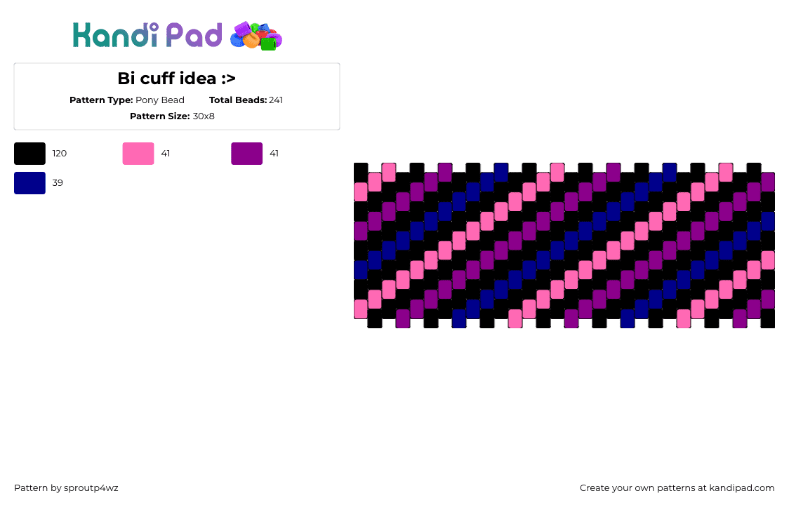 Bi cuff idea :> - Pony Bead Pattern by sproutp4wz on Kandi Pad - bisexual,pride,diagonal,stripes,cuff,dark,black,pink,blue