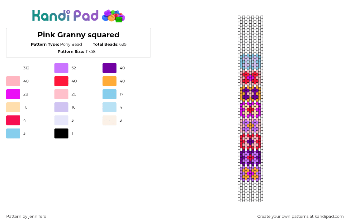 Pink Granny squared - Pony Bead Pattern by jenniferx on Kandi Pad - granny squares,quilt,geometric,colorful,pink,purple