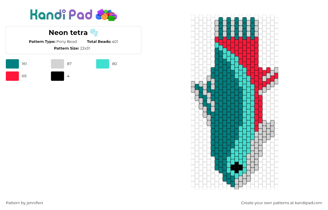 Neon tetra 🫧 - Pony Bead Pattern by jenniferx on Kandi Pad - neon tetra,fish,tie,animal,teal,red