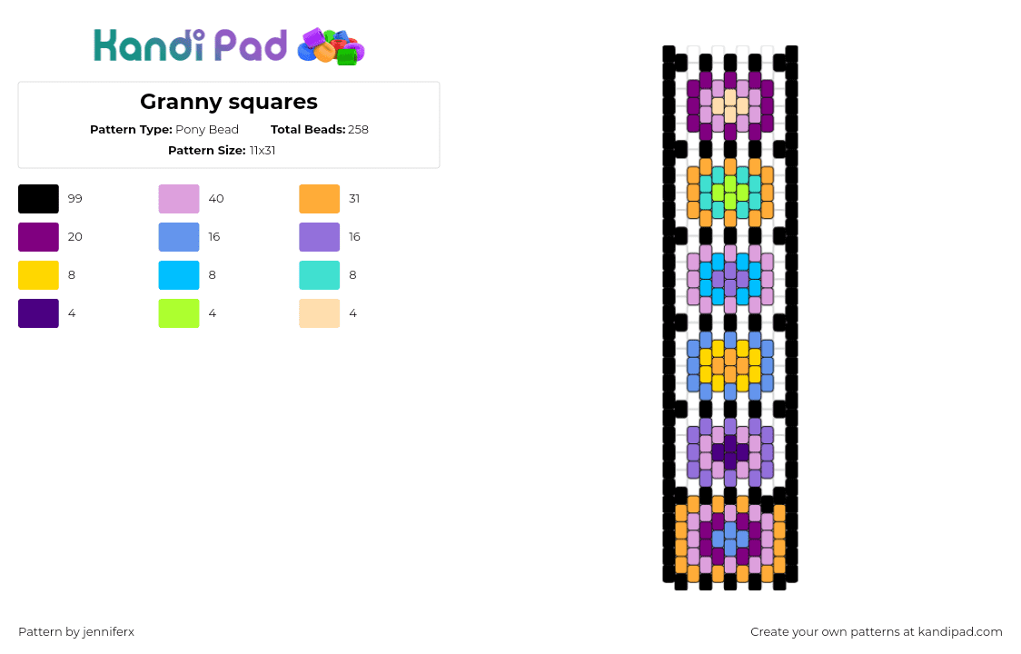 Granny squares - Pony Bead Pattern by jenniferx on Kandi Pad - granny squares,quilt,colorful,geometric,black,purple,blue