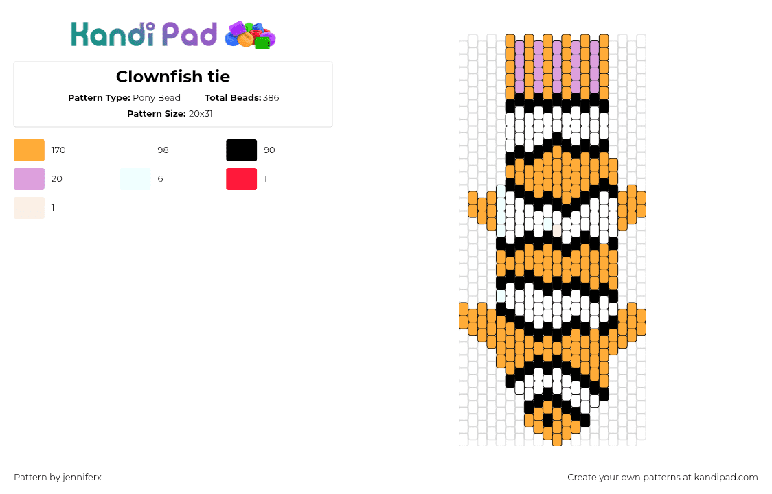 Clownfish tie - Pony Bead Pattern by jenniferx on Kandi Pad - clownfish,fish,animal,necktie,tie,clothing,stripes,orange,white