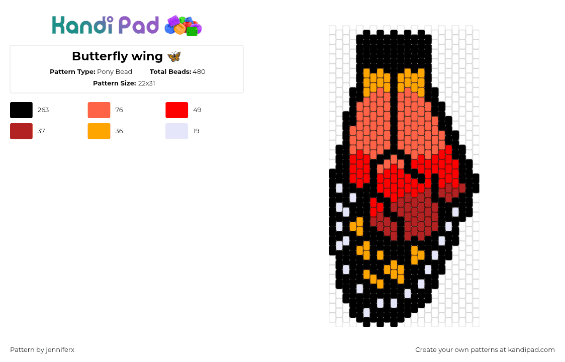 Butterfly wing 🦋 - Pony Bead Pattern by jenniferx on Kandi Pad - wing,butterfly,insect,black,red,orange