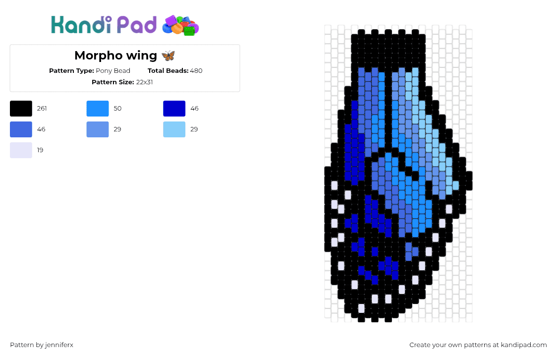 Morpho wing 🦋 - Pony Bead Pattern by jenniferx on Kandi Pad - wing,butterfly,insect,gradient,black,blue,light blue