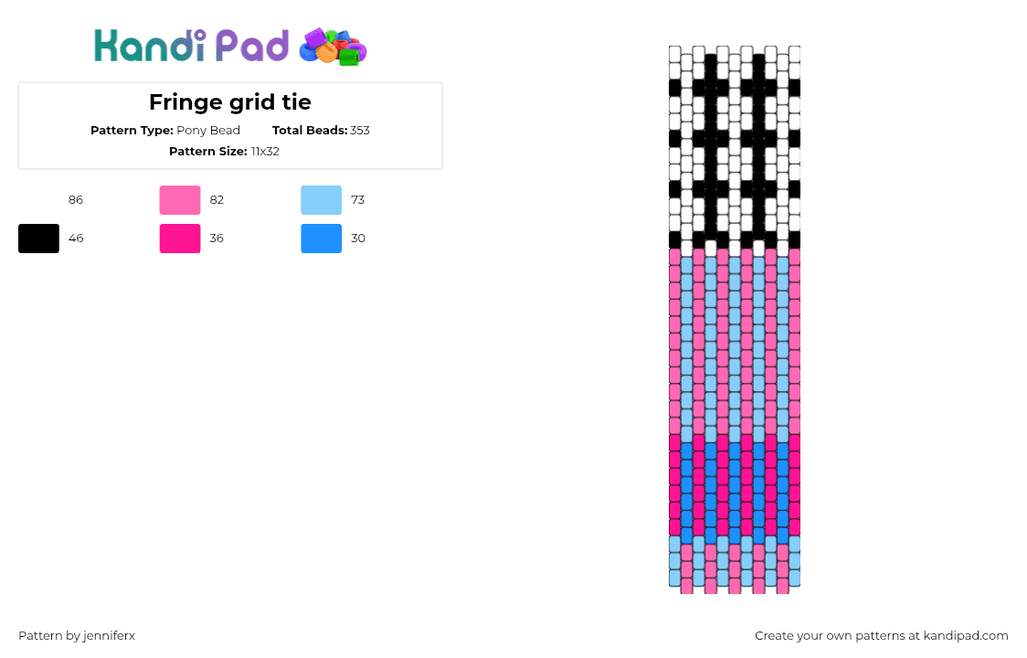 Fringe grid tie - Pony Bead Pattern by jenniferx on Kandi Pad - stripes,tie,clothing,pink,light blue,black,white