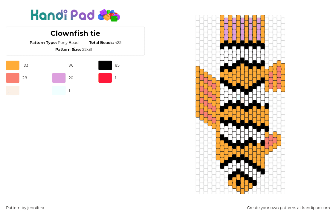 Clownfish tie - Pony Bead Pattern by jenniferx on Kandi Pad - clownfish,fish,animal,necktie,tie,clothing,stripes,orange,white