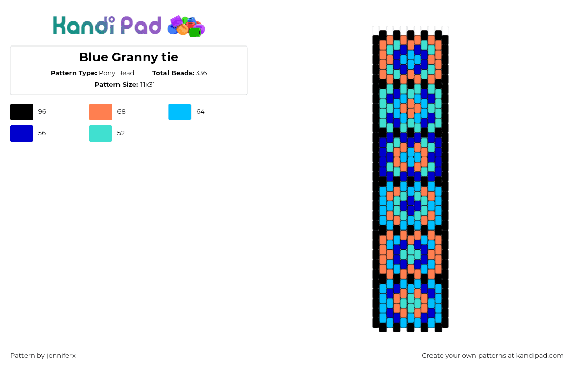 Blue Granny tie - Pony Bead Pattern by jenniferx on Kandi Pad - granny squares,tie,quilt,colorful,geometric,light blue,orange,blue