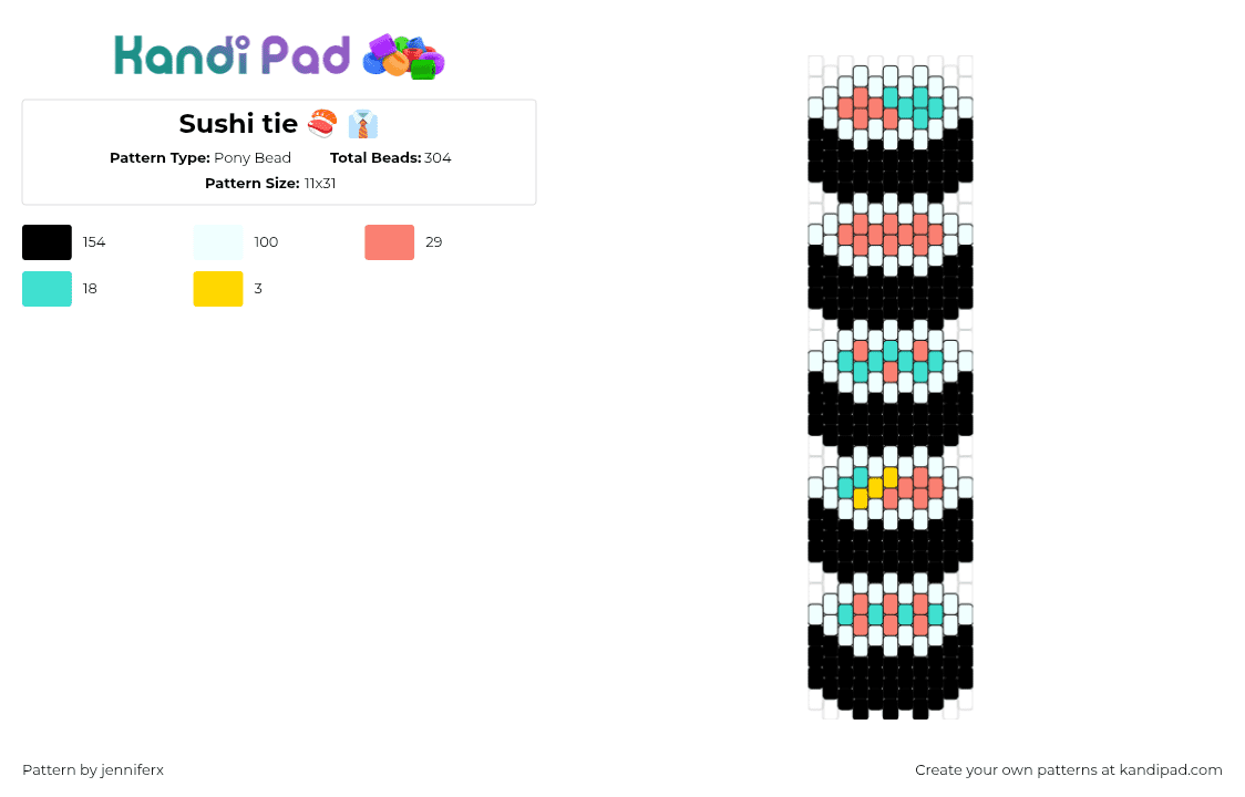 Sushi tie 🍣 👔 - Pony Bead Pattern by jenniferx on Kandi Pad - sushi,food,necktie,tie,clothing,black,pink,teal