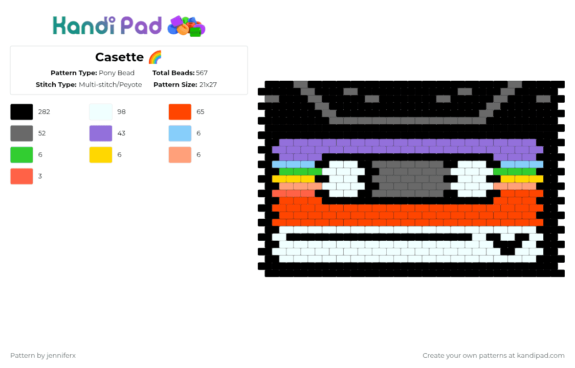 Casette 🌈 - Pony Bead Pattern by jenniferx on Kandi Pad - black,gray,purple,red