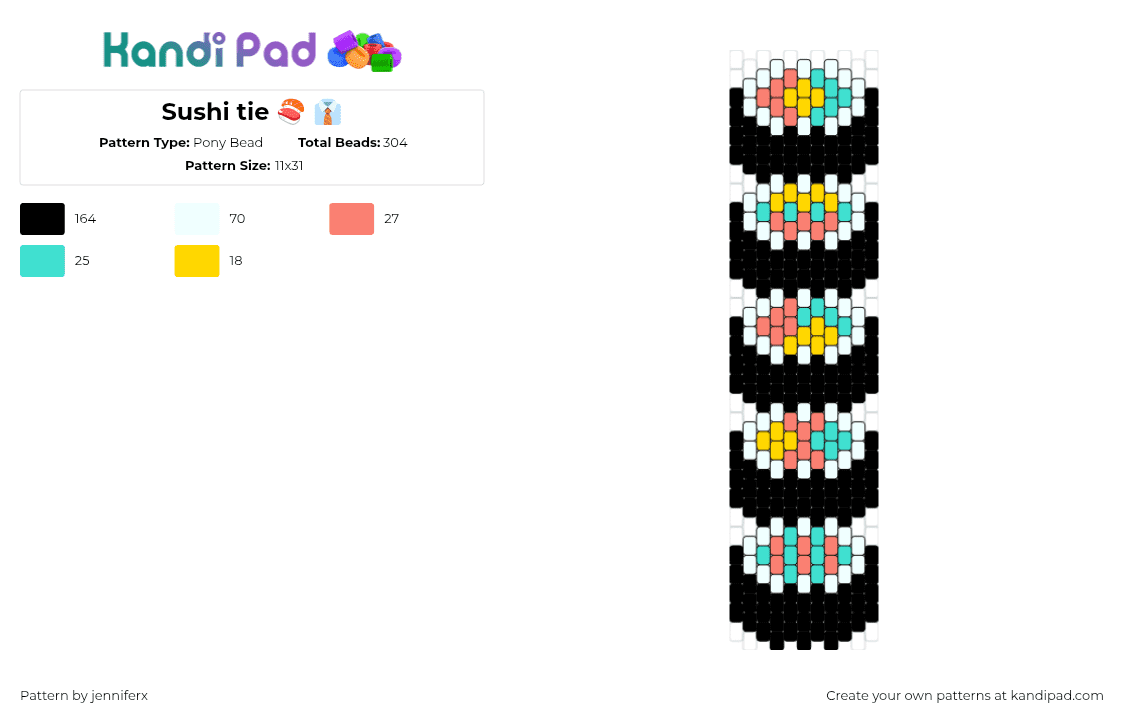 Sushi tie 🍣 👔 - Pony Bead Pattern by jenniferx on Kandi Pad - sushi,food,necktie,tie,clothing,black,pink,teal