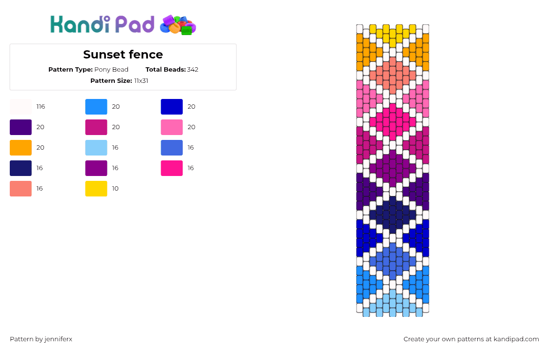 Sunset fence - Pony Bead Pattern by jenniferx on Kandi Pad - zigzag,gradient,sunset,cross,geometric,colorful,blue,pink,yellow