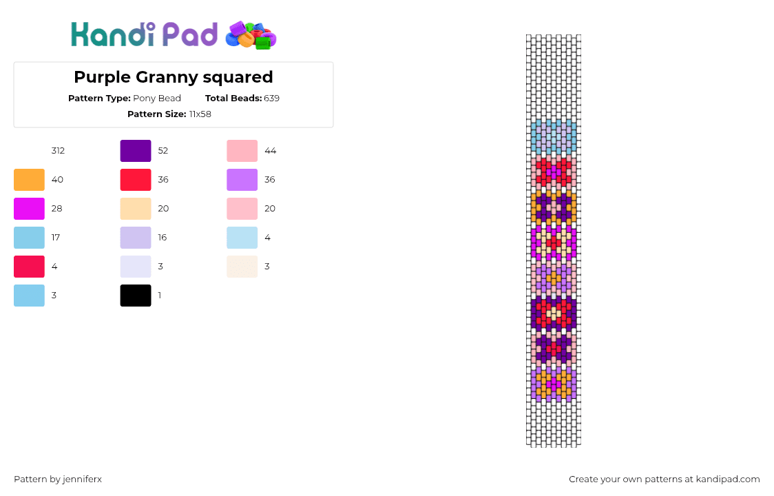 Purple Granny squared - Pony Bead Pattern by jenniferx on Kandi Pad - granny squares,quilt,geometric,colorful,pink,purple