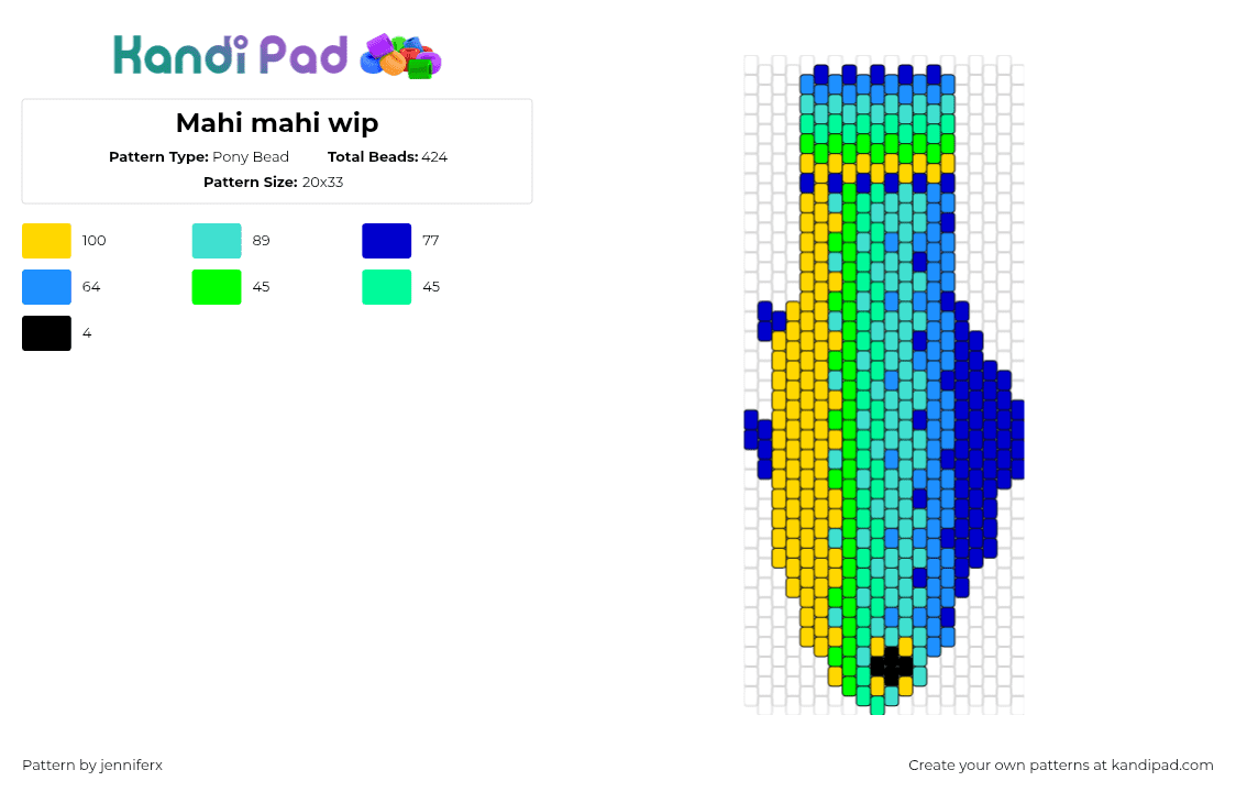 Mahi mahi wip - Pony Bead Pattern by jenniferx on Kandi Pad - mahi mahi,fish,tropical,tie,gradient,animal,blue,teal,yellow