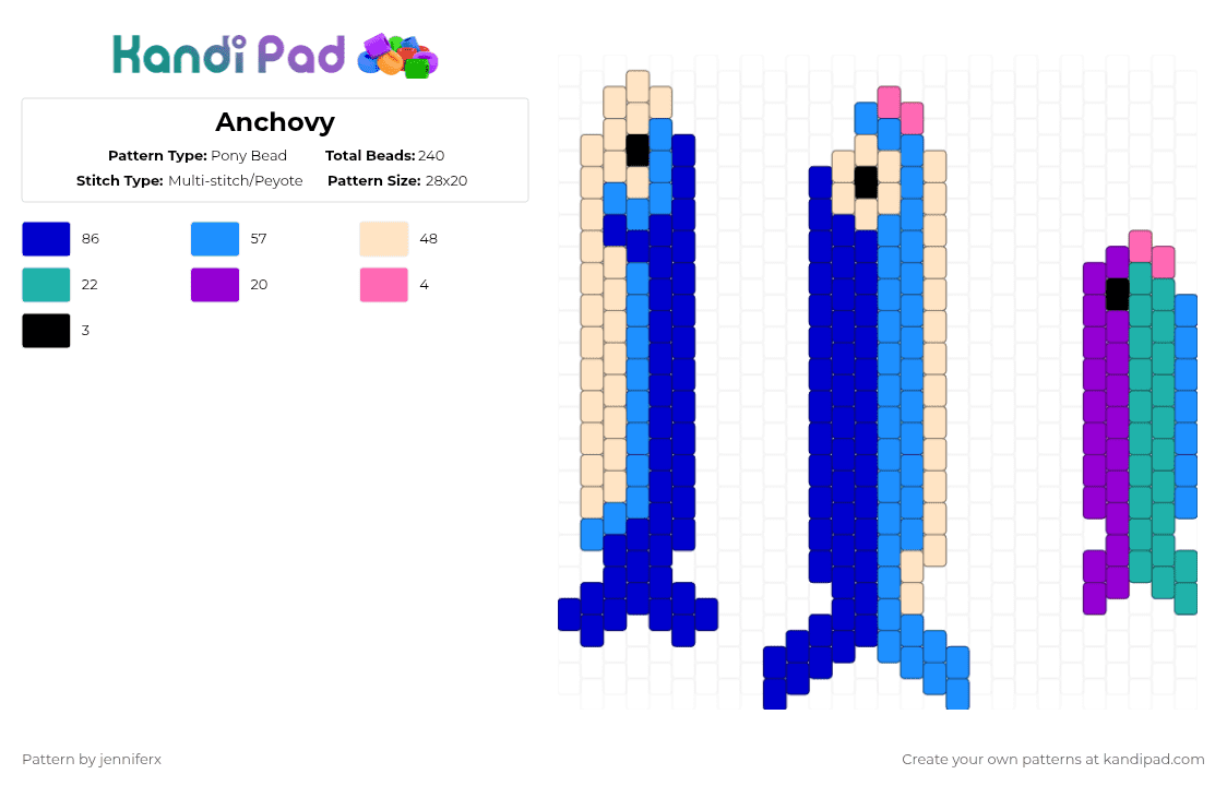 Anchovy - Pony Bead Pattern by jenniferx on Kandi Pad - beige,light blue,purple