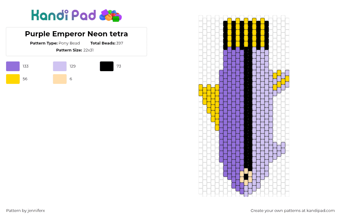 Purple Emperor - Pony Bead Pattern by jenniferx on Kandi Pad - koi,fish,tie,animal,purple,yellow