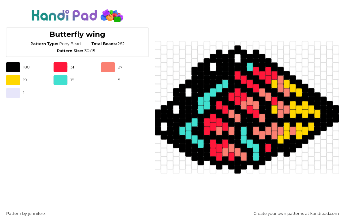 Butterfly wing - Pony Bead Pattern by jenniferx on Kandi Pad - wing,butterfly,insect,colorful,black,red,yellow,teal