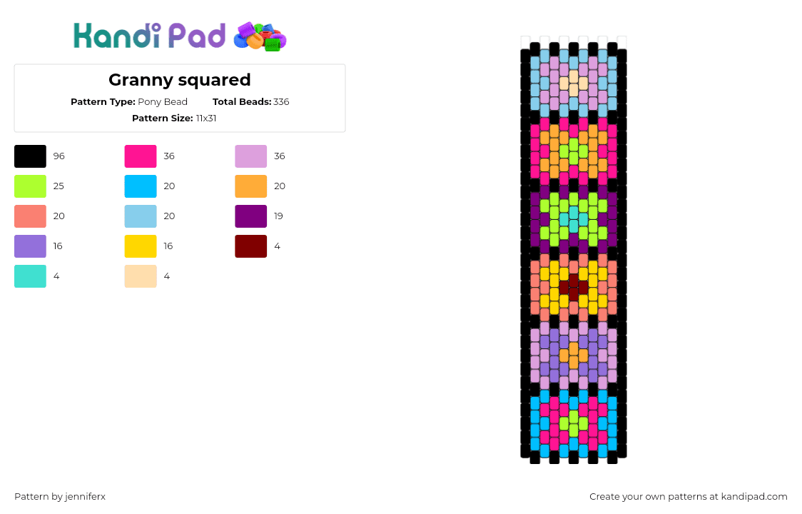 Granny squared - Pony Bead Pattern by jenniferx on Kandi Pad - granny squares,quilt,colorful,geometric,black,purple,light blue,pink