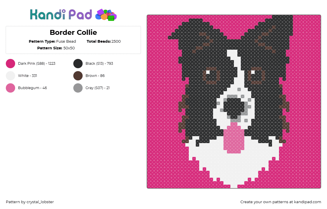 Border Collie - Fuse Bead Pattern by crystal_lobster on Kandi Pad - border collie,dog,portrait,animal,cute,tongue,pink,black,white