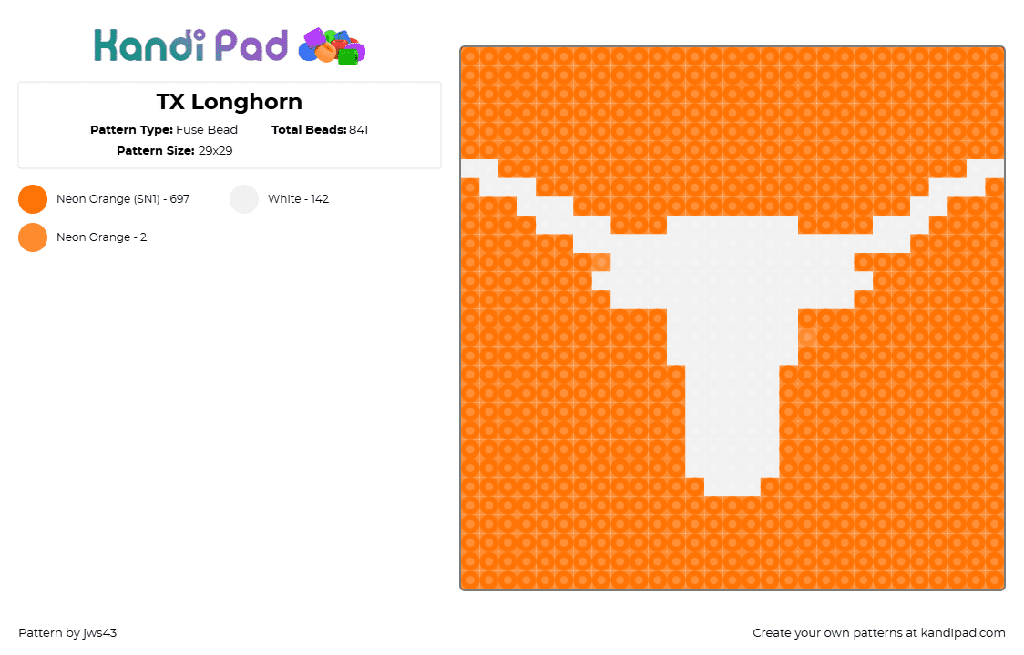 TX Longhorn - Fuse Bead Pattern by jws43 on Kandi Pad - longhorn,texas,bull,silhouette,logo,white,orange