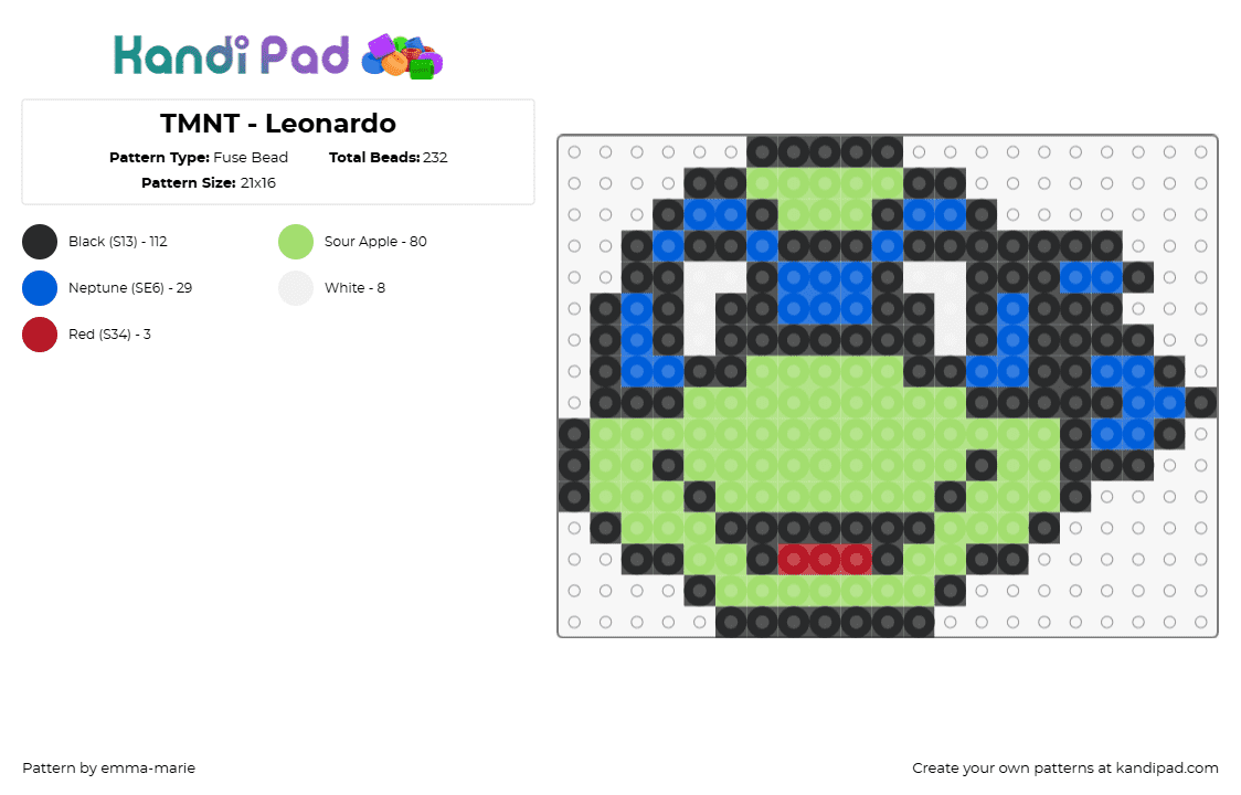 TMNT - Leonardo - Fuse Bead Pattern by emma-marie on Kandi Pad - leonardo,tmnt,teenage mutant ninja turtles,character,head,comic,cartoon,movie,green,blue