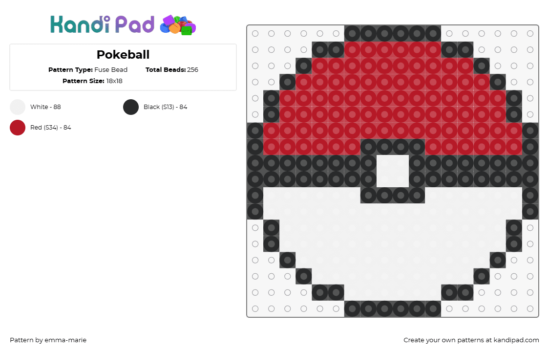 Pokemon_Pokeball - Fuse Bead Pattern by emma-marie on Kandi Pad - pokeball,pokemon,gaming,red,white