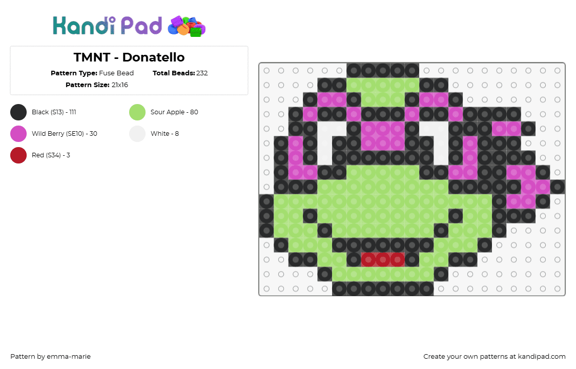 TMNT - Donatello - Fuse Bead Pattern by emma-marie on Kandi Pad - donatello,tmnt,teenage mutant ninja turtles,character,head,comic,cartoon,movie,green,pink