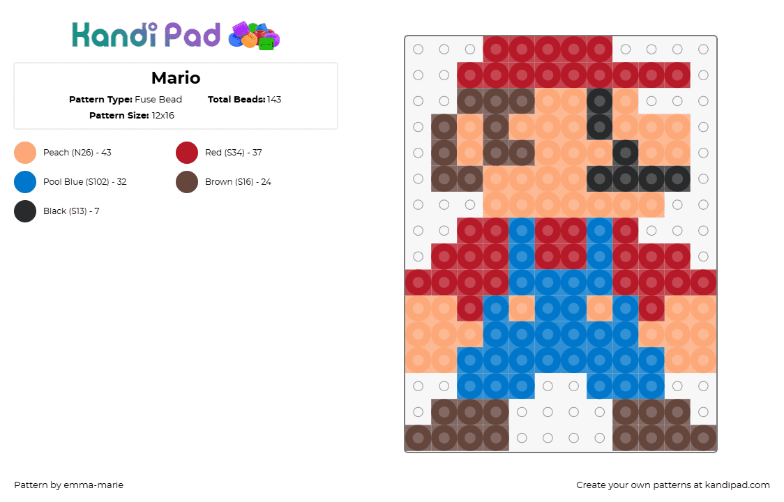 Mario - Fuse Bead Pattern by emma-marie on Kandi Pad - mario,nintendo,character,video game,retro,blue,red,tan