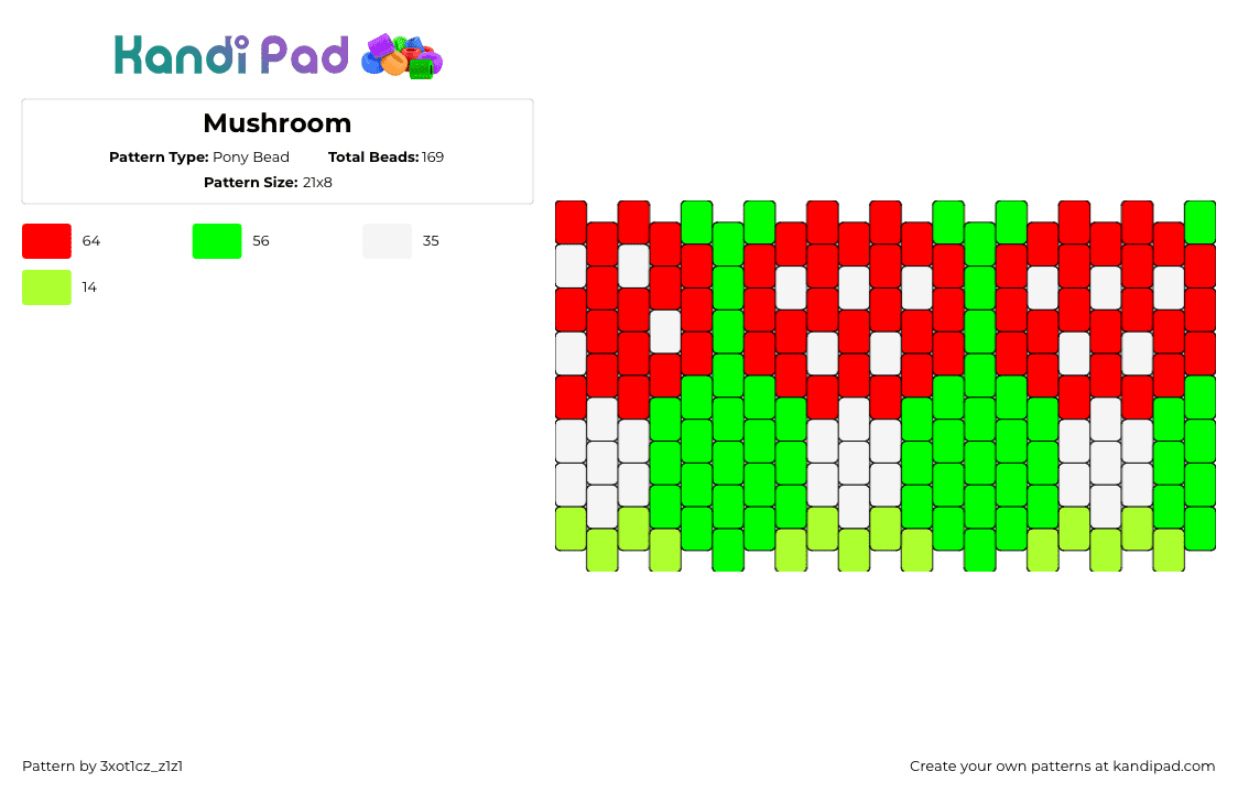 Mushroom - Pony Bead Pattern by 3xot1cz_z1z1 on Kandi Pad - mushrooms,bright,cuff,green,red