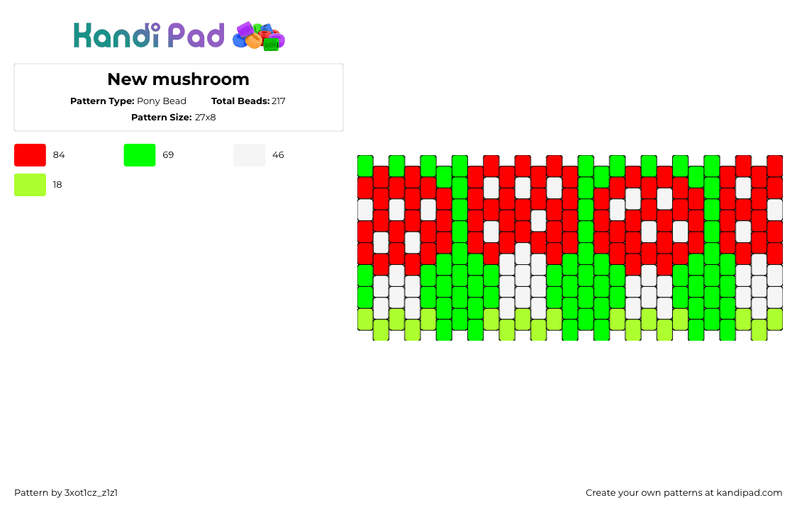 New mushroom - Pony Bead Pattern by 3xot1cz_z1z1 on Kandi Pad - mushrooms,fungus,bright,cuff,green,red