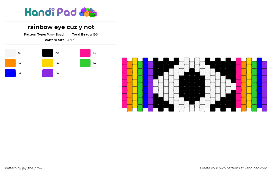 rainbow eye cuz y not - Pony Bead Pattern by jay_the_crow on Kandi Pad - eye,stripes,colorful,cuff,white,black