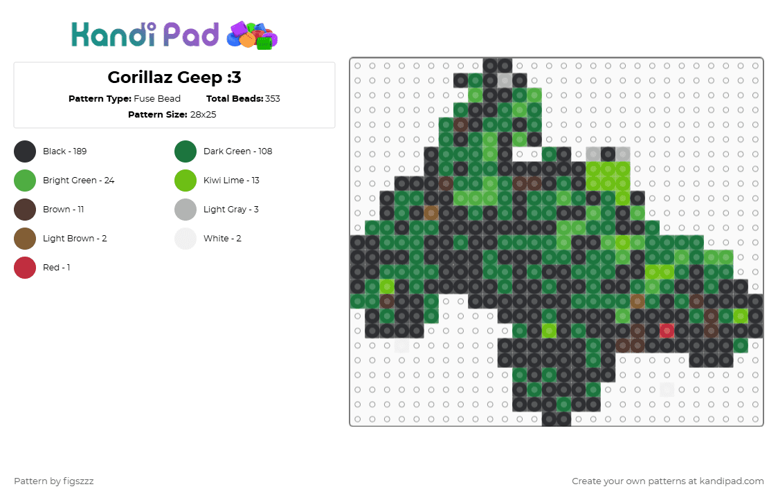 Gorillaz Geep :3 - Fuse Bead Pattern by figszzz on Kandi Pad - black, green