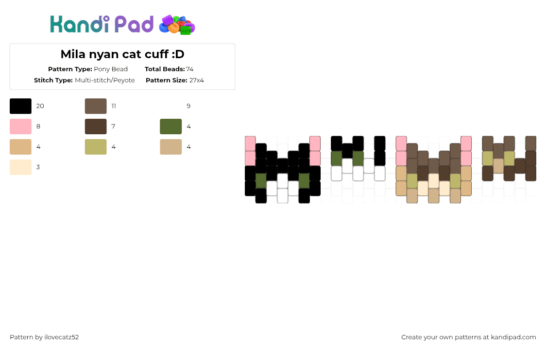 Mila nyan cat cuff :D - Pony Bead Pattern by ilovecatz52 on Kandi Pad - tan,beige