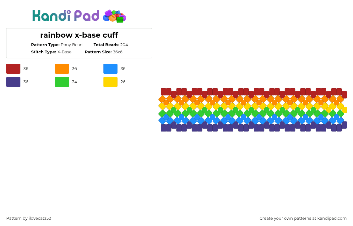 rainbow x-base cuff - Pony Bead Pattern by ilovecatz52 on Kandi Pad - rainbow,xbase,cuff,x base,colorful,orange,light blue