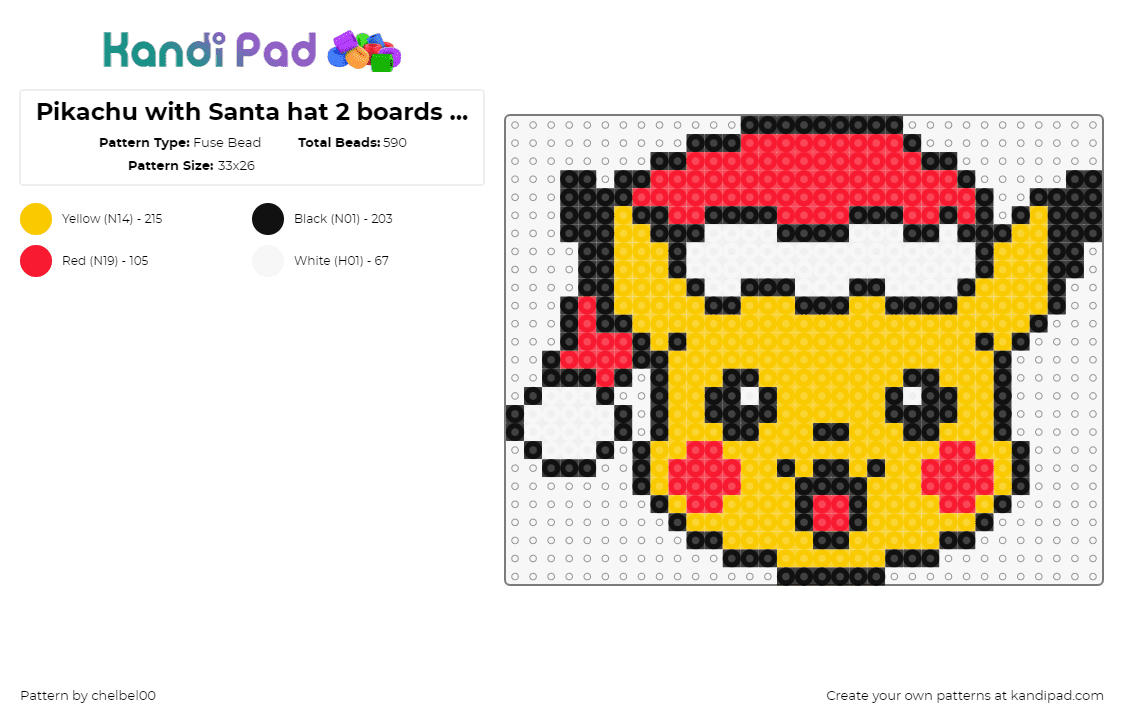 Pikachu with Santa hat 2 boards x 1 board - Fuse Bead Pattern by chelbel00 on Kandi Pad - pikachu,santa,pokemon,christmas,character,happy,cute,gaming,holiday,festive,hat,yellow,red