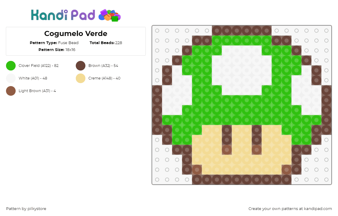 SuperMario_1-Up Mushroom - Fuse Bead Pattern by pilkystore on Kandi Pad - 1up,mushroom,mario,nintendo,video game,green,white,tan