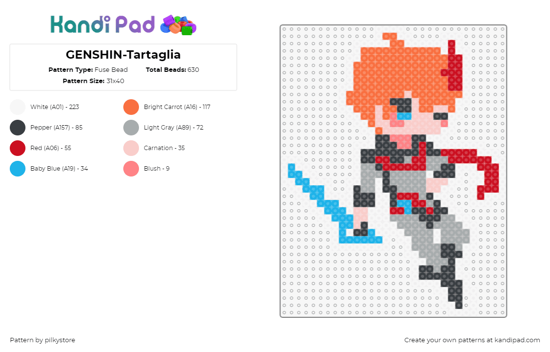 GENSHIN-Tartaglia - Fuse Bead Pattern by pilkystore on Kandi Pad - tartaglia,genshin impact,character,video game,orange,gray