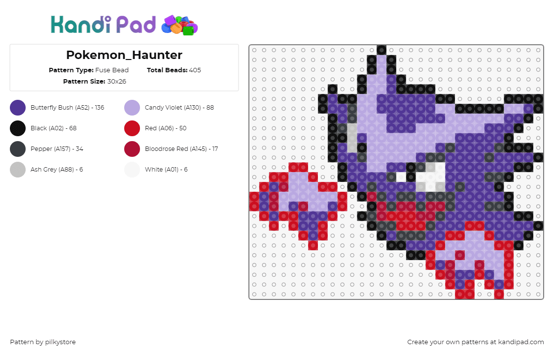 Pokemon_Haunter - Fuse Bead Pattern by pilkystore on Kandi Pad - haunter,pokemon,character,gaming,purple,red