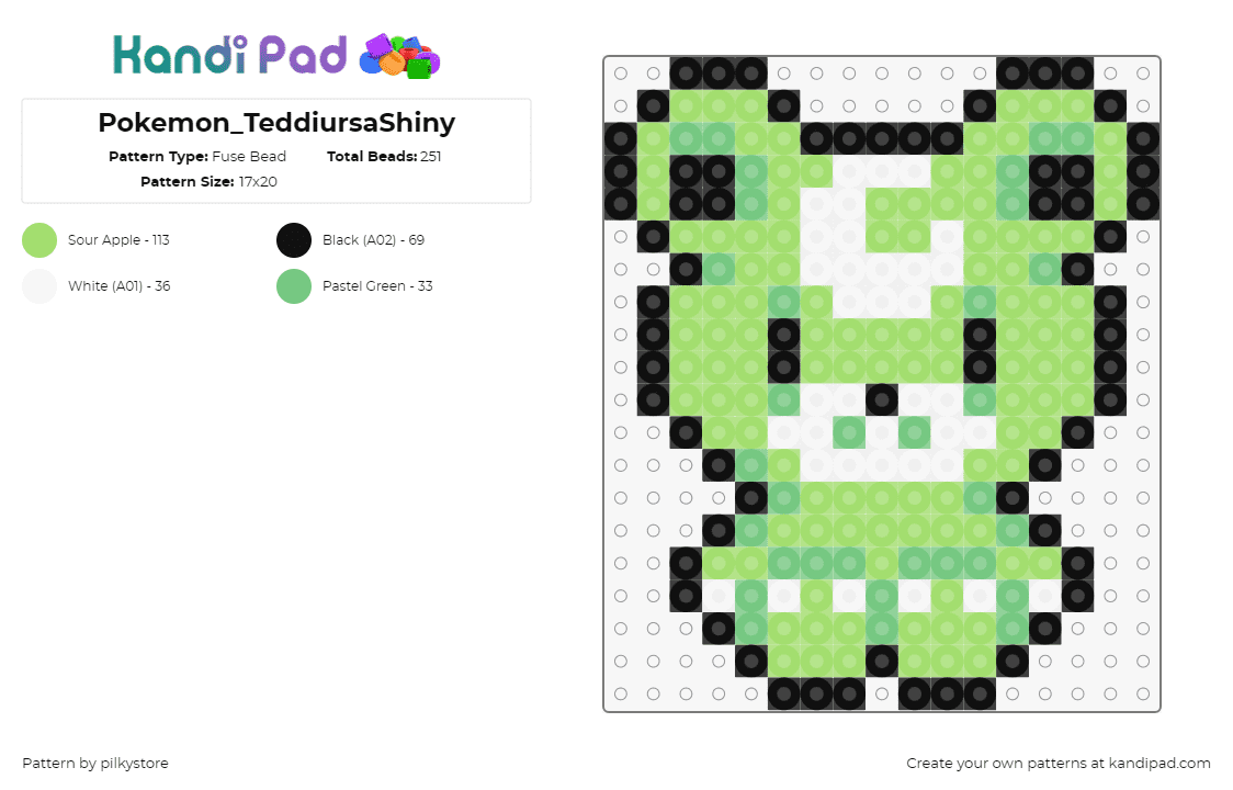 Pokemon_TeddiursaShiny - Fuse Bead Pattern by pilkystore on Kandi Pad - teddiursa,pokemon,character,gaming,cute,bear,green