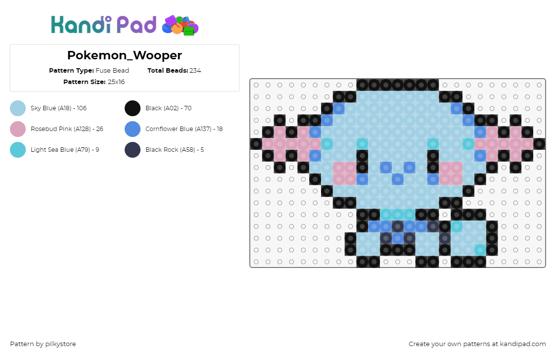 Pokemon_Wooper - Fuse Bead Pattern by pilkystore on Kandi Pad - wooper,pokemon,character,gaming,cute,light blue