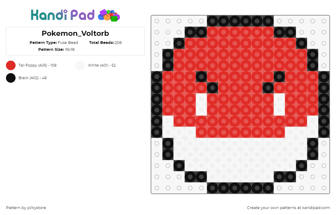 Pokemon_Voltorb - Fuse Bead Pattern by pilkystore on Kandi Pad - voltorb,pokemon,character,gaming,red,white