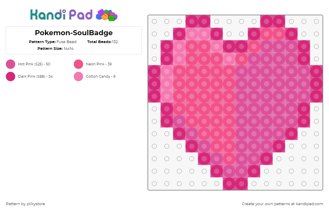 Pokemon-SoulBadge - Fuse Bead Pattern by pilkystore on Kandi Pad - soul badge,pokemon,gym,heart,gaming,pink