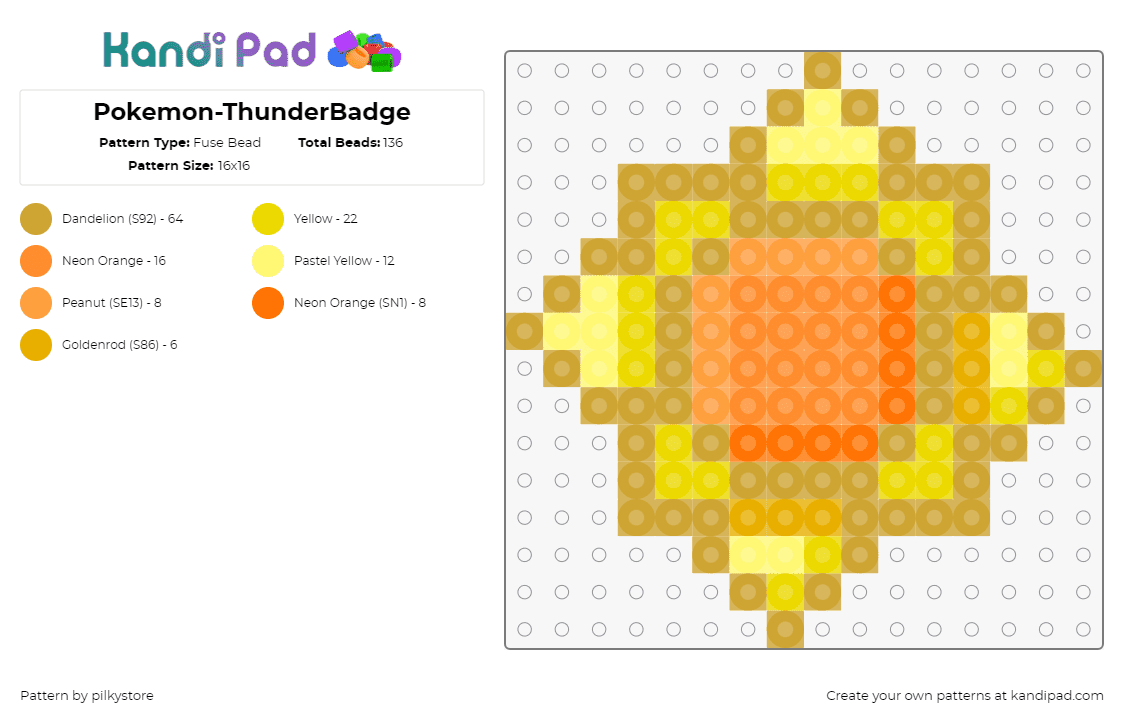 Pokemon-ThunderBadge - Fuse Bead Pattern by pilkystore on Kandi Pad - thunder badge,pokemon,gym,gaming,orange,yellow