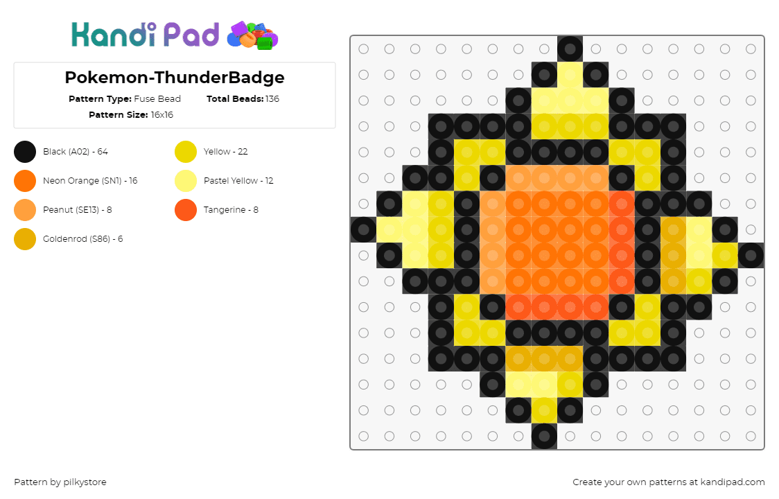 Pokemon-ThunderBadge - Fuse Bead Pattern by pilkystore on Kandi Pad - thunder badge,pokemon,gym,gaming,orange,yellow