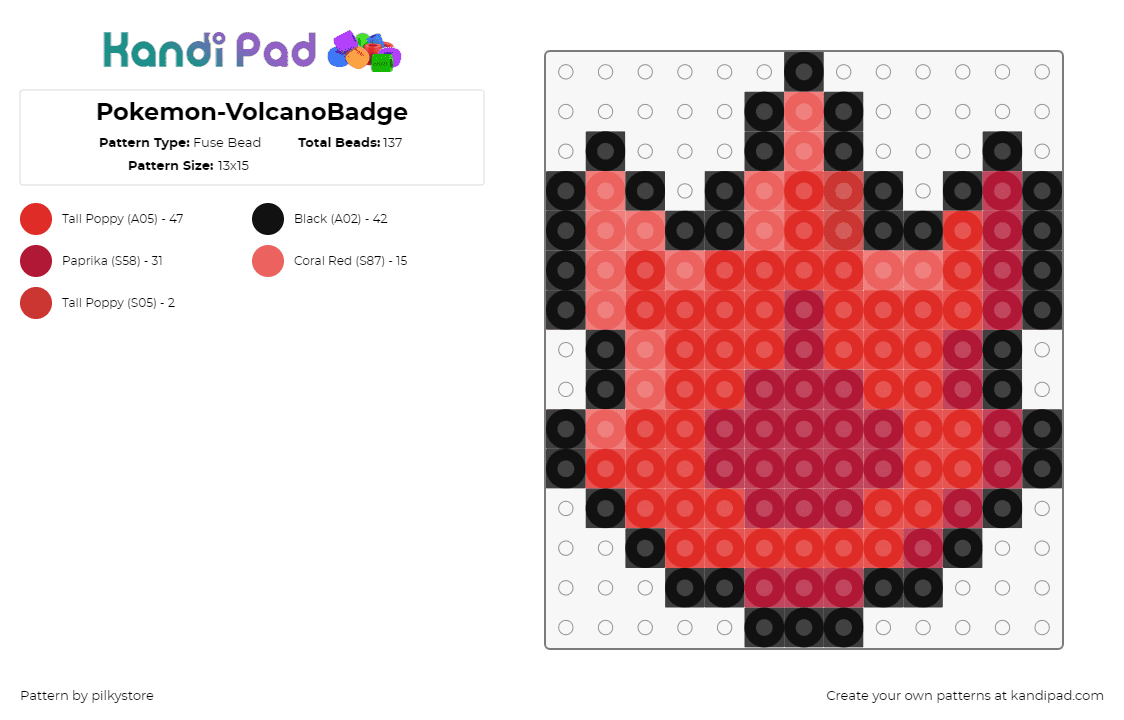 Pokemon-VolcanoBadge - Fuse Bead Pattern by pilkystore on Kandi Pad - volcano badge,pokemon,gym,flame,fiery,gaming,red